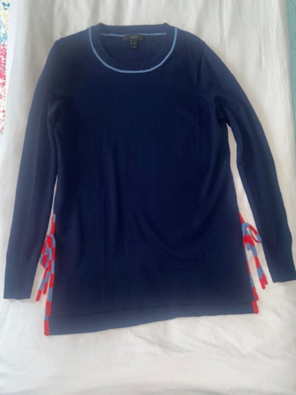 J.Crew Womens XS Light Merino Wool Navy Sweater With Red & Blue Side Ties